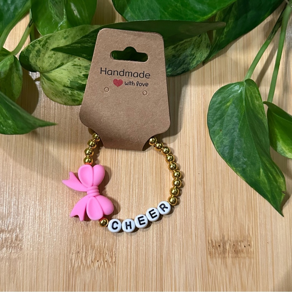 Gold Kids’ Stretchy Beaded Cheer Bracelet |‎ Handmade | Silicone Bow 📣✨